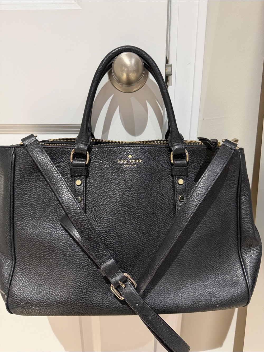 kate spade Black Pebbled Leather Satchel with Gold Accents